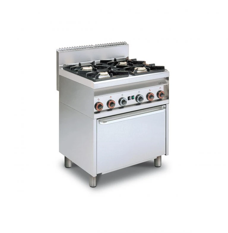 Bếp Công Nghiệp Dùng Gas 4 Kết Hợp Họng Lò Nướng Cửa Thép Không Gỉ